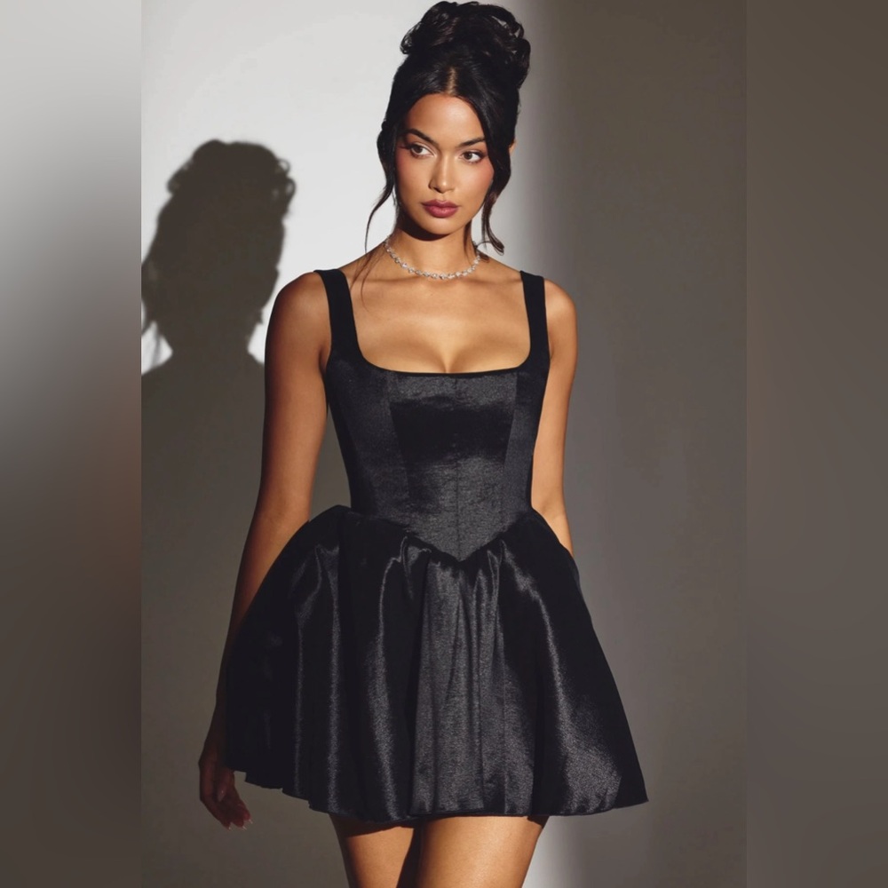 Oh Polly Women’s “Sueno” Black Taffeta Square Neck Mini Aline Dress NWT Sz UK 8